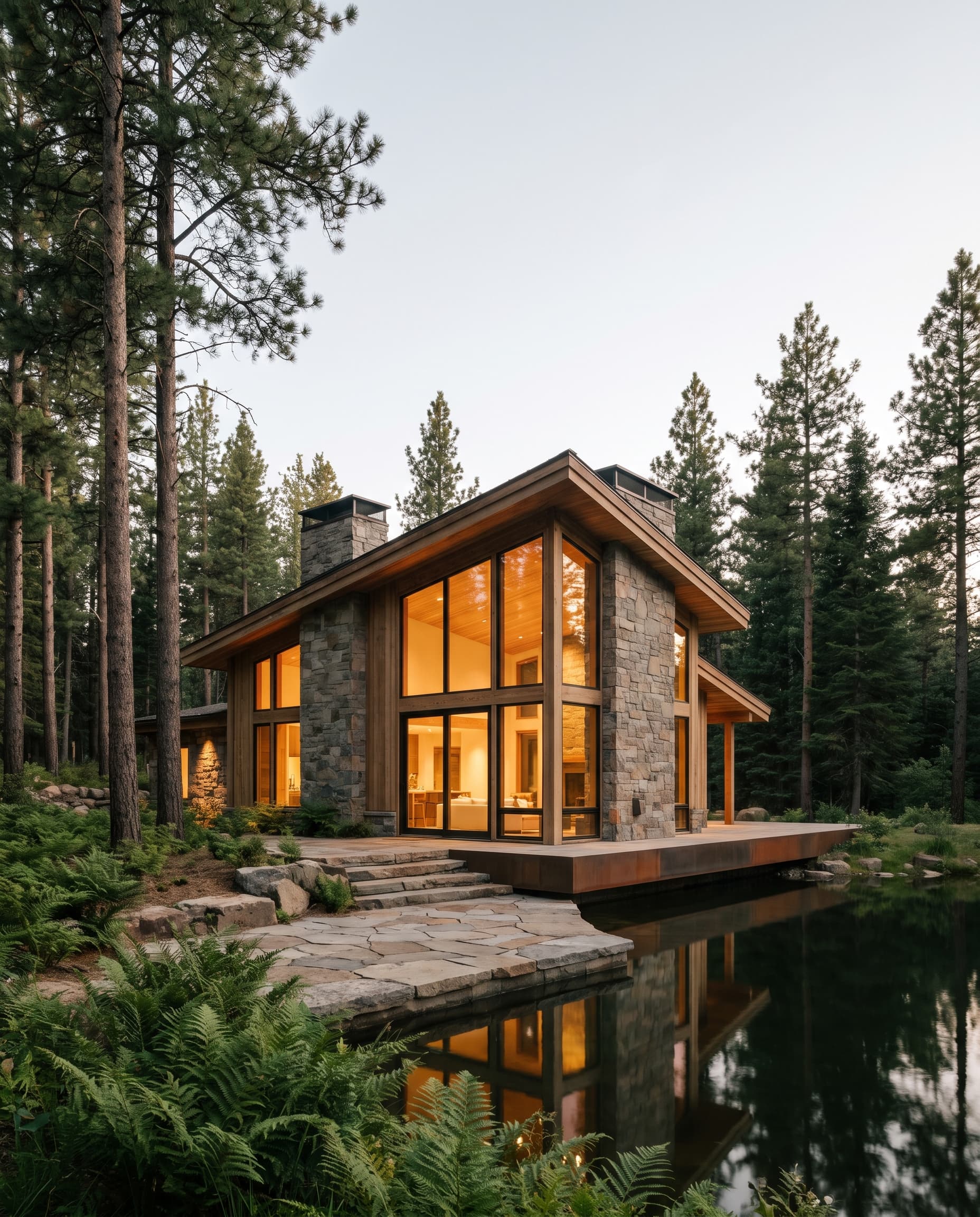 A stone-and-timber retreat glowing at dusk among tall pines beside still water